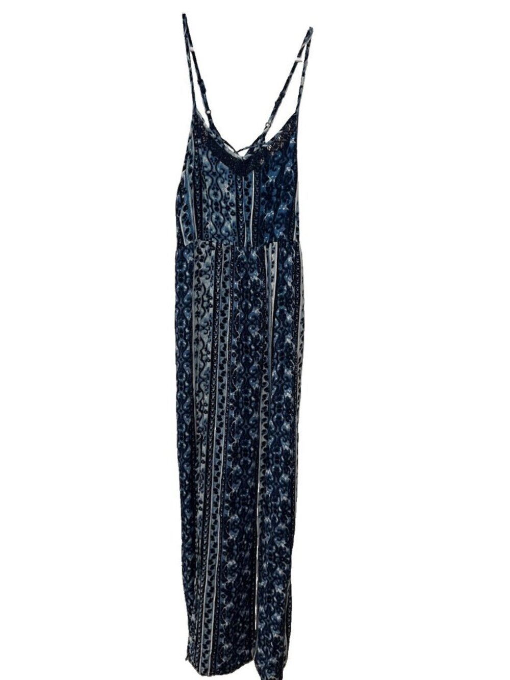 Mossimo Womens Lace Up Back Maxi Dress Sz L Blue Swirls Boho Hippie Festival